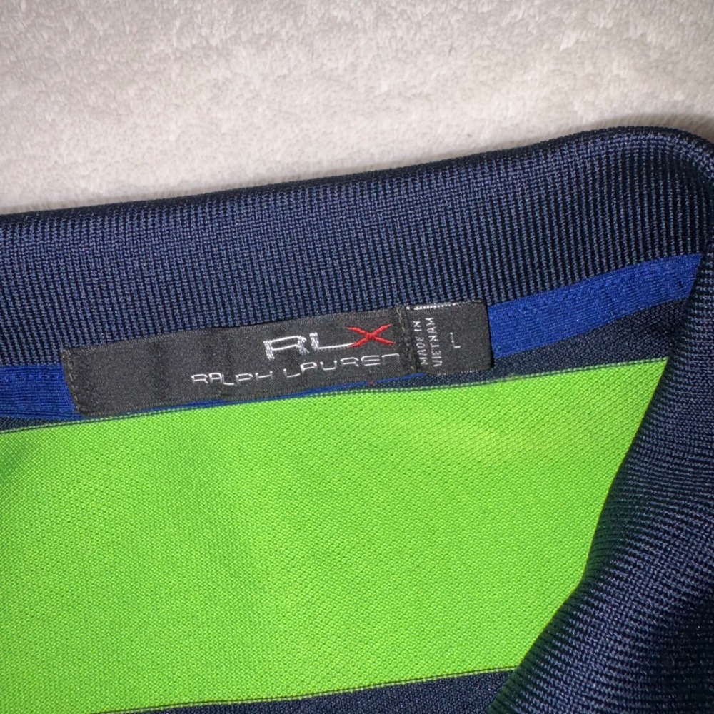 RLX RALPH LAUREN Polo Shirt Mens Large Green Navy Striped Performance Golf Tee - Picture 3 of 12